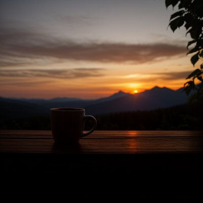coffee, mug, sunset, mountain, landscape, silhouette, evening, view, balcony, drink, coffee cup, dusk, nature, sky, clouds, horizon, warmth, relaxation, scenery, outdoor, light