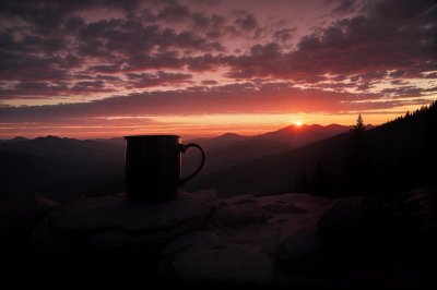 coffee, mug, sunset, mountain, landscape, silhouette, evening, view, balcony, drink, coffee cup, dusk, nature, sky, clouds, horizon, warmth, relaxation, scenery, outdoor, light