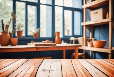 ai generated, table, wood, workshop, blur, background, space, empty, surface, texture, carpentry, interior, room, tools, shelving, material, craft, design, industrial, equipment