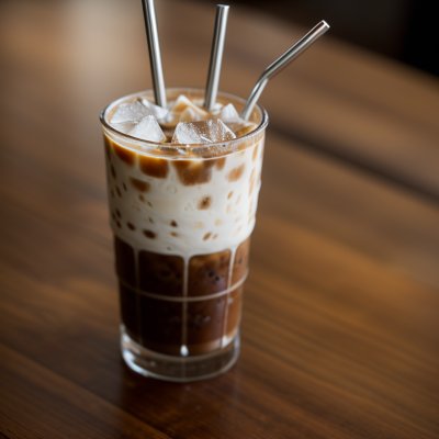 iced coffee, metal straw, ice, coffee, milk, espresso, cold drink, coffee beans, dark background, moody lighting, coffee and milk, glass, swirling milk, coffee brewing art, coffee shop, slow motion, close-up, comfort drink, elegant look, toward plastic bans
