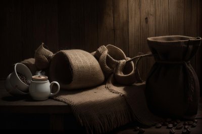 coffee, coffee beans, burlap, sack, texture, wood, shadow, dark background, lighting, traditional, natural, rustic, coffee machine, drink, preparation, aromatic, morning ritual, fresh, calm, delicious, energizing