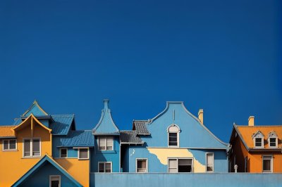 building, architecture, facade, roof, color, blue, yellow, red, village, location, decoration, bright, spot, retraction, notable, urban, windows, vibrant, linear, symmetrical