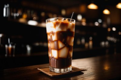 iced coffee, glass, caramel, straw, bar counter, menu board, ambient lighting, hot, beverage, barista, cream, espresso, top view, blurred background, everyday coffee, festive, brown sugar, coffee shop, interior design, café