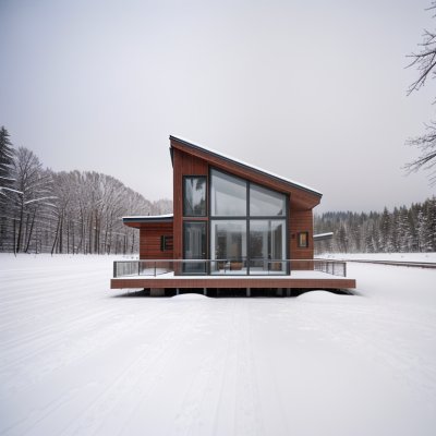 modern architecture, winter landscape, cabin, snowfall, isolation, wood, mountains, minimalism, architectural visualization, scandinavian design, wooden facade, ice cover, purity, silence, tall building, exterior, design house, solitude, energy-efficient house, nature, rural setting, architectural minimalism