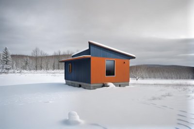 modern architecture, winter landscape, cabin, snowfall, isolation, wood, mountains, minimalism, architectural visualization, scandinavian design, wooden facade, ice cover, purity, silence, tall building, exterior, design house, solitude, energy-efficient house, nature, rural setting, architectural minimalism