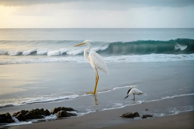 egret, yellow legs, beach, ocean, calm, nature, waves, bird, coastline, white feathers, flock, reflection, blue sky, outdoor shot, water surface, sand, wildlife, black beak, daylight, bird species, coastal area