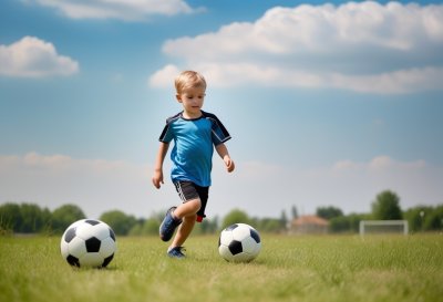 football, child, kick, meadow, playing, leisure, running, boy, playground, artificial grass, cloudless, blue clothing, child's play, outdoor activities, shoe, nature, clouds, joy, fun, childhood, natural environment