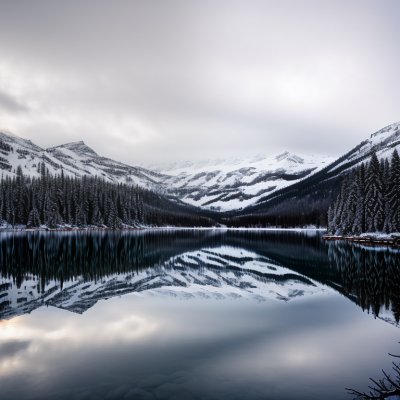 snow covered lake, mountain reflection, winter landscape, calm water, mist, soft light, cloudy sky, peaceful, tranquil, natural beauty, postcard, water reflection, peaceful landscape, snowy mountains, winter calm, afternoon light, meditative, calm lake, cloud reflection