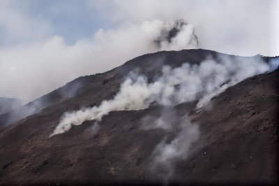 volcano, smoke, night sky, nature, slope, steam, volcanic activity, shale, natural wonder, gray, fog, moon, volcanic ash, light, black, geology, eruption, natural beauty, landscape, sky, wonder