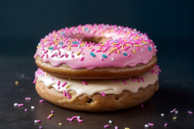 donut, pink glaze, sprinkles, sweet, dark background, circular, fried, gourmet, food photography, colorful, confectionary, yellow color, red color, green color, blue color, fresh, festive, coffee accompaniment, pastry, refreshment