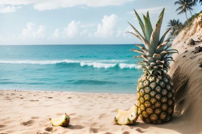pineapple, beach, sea, sand, ocean, tropical, vacation, holiday, sunny, nature, resort, relax, serene, blue, sky, outdoor, paradise, blue sky, exotic, travel