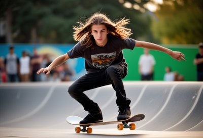 skateboarding, skateboard trick, teen skateboarder, extreme sports, balance and coordination, graffiti wall, urban culture, outdoor recreation, creative expression, adolescent athlete, long hair, youth sports, action photography, youthful, city sport, teen boy, alternative lifestyle, youth fashion, motion and movement, skateboard lifestyle