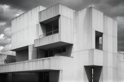 architecture, brutalism, concrete, modern, building, geometric, minimalist, urban, design, facade, windows, blue sky, contemporary, structure, abstract, angular, construction, artistic, monumental, europe