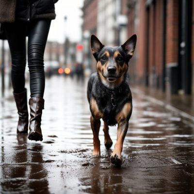 dog, shake, wet, street, urban, mud, winter, boots, cobblestones, pet, walk, raining, men's, long, animal, black, brown, fur, dog walking, paws, dog walk, splash