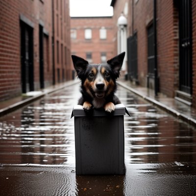 dog, animal, nature, stray dog, wet, brick alley, grey, box, abandoned, lonely, rainy day, dog sitting, sad, emotional, pet, portrait, disappointment, broken