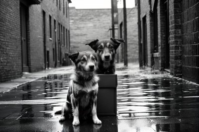 dog, animal, nature, stray dog, wet, brick alley, grey, box, abandoned, lonely, rainy day, dog sitting, sad, emotional, pet, portrait, disappointment, broken