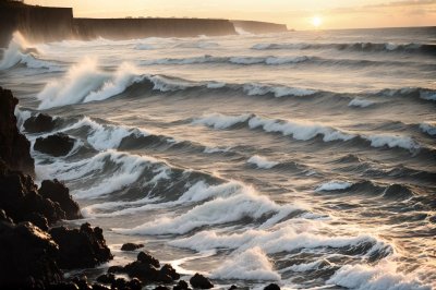 sunset, beach, winter, ocean, waves, foam, coast, nature, landscape, scenic, dramatic, natural scenery, tide, travel, exploration, outdoors, stormy sea, turbulent, spray