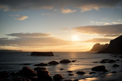 beach, sunset, coast, sea, norway, rocky coast, mountains, evening, tranquility, water surface, natural scenery, northern europe, summer evening, reflection, summer season, clear sky, nature, quiet, beautiful view, nature escape, scandinavian landscape