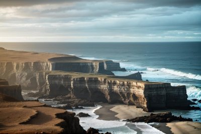 coast, ocean, cliff, sand, natural landscape, coastline, waves, blue sky, panorama, nature, landscape, horizon, sand cliff, wilderness, light, day, namibia coast, drought, coastal area, dry soil
