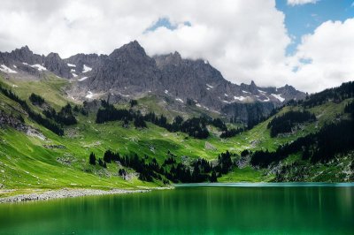 lake, mountain, shore, nature, hiking, landscape, alps, cabin, relaxation, tranquility, outdoors, summer, blue sky, tourism, visibility, silence, clear, hill, idyllic, tannheim valley, europe
