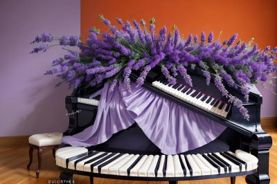 lavender, organza, purple, bouquet, music, piano, home decor, floral, elegant, handmade, craft, relaxation, scent, violet glow, rustic, macro, spa