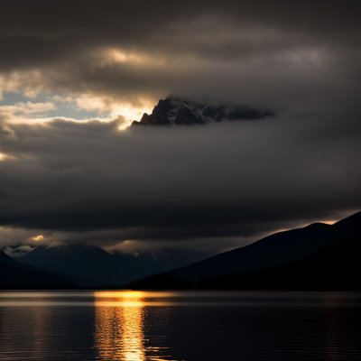 mountains, sunset, water surface, reflection, dark clouds, mountain silhouette, lake, landscape, calm, natural scenery, twilight, calm water, light effect, breathtaking, nature, evening, peace, relaxation