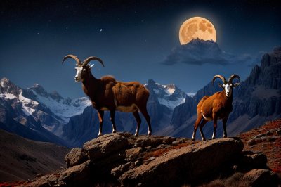 goat, mountain, ibex, full moon, stars, night sky, wilderness, night, alps, landscape, winter, dramatic, night calm, nature, snow, fresh air, strength, mountainous, solitude, intense
