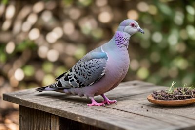 pigeon, purple, wood, feeding, table, nesting, nature, feathers, wild, bird species, birdwatching, feathered, urban wildlife, red beak, garden, area, colorful, natural habitat, neck