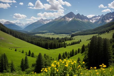 mountain, panorama, valley, meadow, forest, summer, groves, alps, nature, cabin, idyll, tranquility, travel, hiking, excursion, valley phenomenon, europe, sky, grass, tourism