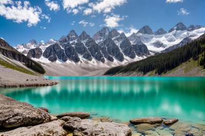 lake, mountains, snow, nature, turquoise water, summer, alps, hiking, panorama, rocky, outdoors, europe, tourist destination, leisure, blue sky, peaceful, postcard, hills, grassy