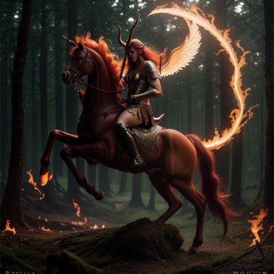 centaur, flaming bow, mythical creature, fantasy art, horror theme, gothic architecture, mountain landscape, flaming arrows, medieval castle, fiery gaze, bearded figure, muscular, medieval warrior, intimidating look, combat stance, medieval armor, dark atmosphere, fantasy warrior, mythical figure, ai generated