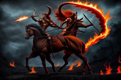 centaur, flaming bow, mythical creature, fantasy art, horror theme, gothic architecture, mountain landscape, flaming arrows, medieval castle, fiery gaze, bearded figure, muscular, medieval warrior, intimidating look, combat stance, medieval armor, dark atmosphere, fantasy warrior, mythical figure, ai generated
