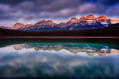 banff, national park, herbert lake, reflection, landscape, nature, canadian rockies, canada, mountains, lake, sunrise, alpenglow, tranquility, mirror, red glow, forest, calm, early morning, landscape photography