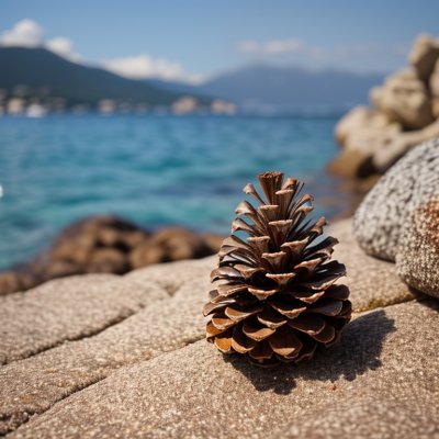 pinecone, rocks, summer evening, corsica, sea, focus, balance, nature, still life, red, golden, island, passion, travel, relaxation, coastal landscape, silence, rest, beauty, harmony