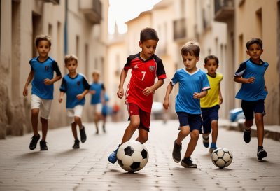 ai generated, football, children, street, ball, game, play, kick, happy, friendship, joy, urban, players, community, cheerful, running, casual wear, laughter, culture, playful, natural