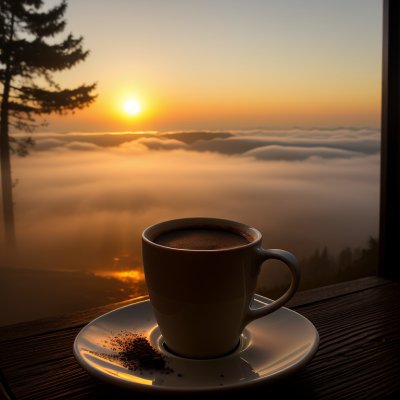 cup, coffee, sunrise, mist, hot drink, nature, relaxation, peaceful, dawn, breakfast, finch, café, coffee cup, cozy, calm, morning, beauty, western style, fine art, aesthetics