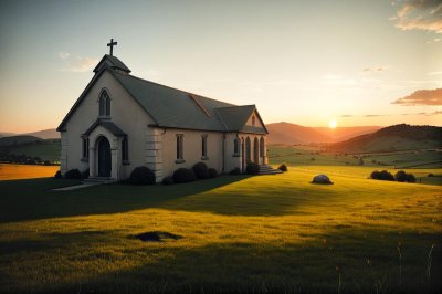 church, sunset, landscape, green grass, cross, stone building, religion, architecture, nature, mountains, sunshine, countryside, peaceful, blue sky, quiet, czech countryside, pilgrimage site, tourist attraction, historic building