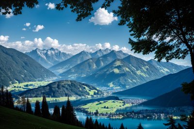 lake, austria, mountains, zell am see, blue sky, nature, landscape, grass, summer day, panorama, alps, view, hiking, summer, tourist attraction, sunny, postcard, travel