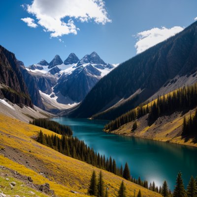 lake, mountain, valley, mountain landscape, blue sky, sunny day, green grass, snow-capped mountains, hiking, natural beauty, peaceful environment, tourist destination, clear water, summer day, panoramic view, nature, calm, tourist area, clean air, retreat