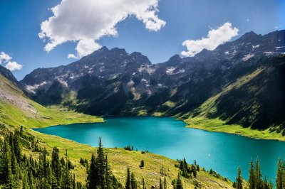 lake, mountain, valley, mountain landscape, blue sky, sunny day, green grass, snow-capped mountains, hiking, natural beauty, peaceful environment, tourist destination, clear water, summer day, panoramic view, nature, calm, tourist area, clean air, retreat