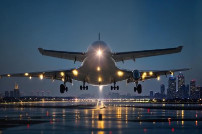 airplane, landing, runway, nature, city, night, city lights, transportation, aviation, landing lights, control tower, runway lights, arrival, front view, calm, safety, evening flight, uncertainty, bright lights, departure, sunset