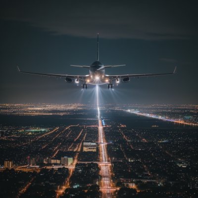 airplane, landing, runway, nature, city, night, city lights, transportation, aviation, landing lights, control tower, runway lights, arrival, front view, calm, safety, evening flight, uncertainty, bright lights, departure, sunset