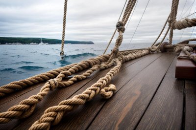 sailing ship, ropes, baltic sea, anchor, deck, water surface, sea landscape, boat, blue sky, sailing, foggy, nature, cruise, adventure, tourism, vacation, rough sea, coastal view, wooden deck