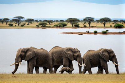 elephant, back, serengeti, africa, water, lake, elephant herd, tanzania, nature, animals, drinking, bathing, wilderness, sunset, savannah, west africa, wildlife, nature park, conservation, wild animals, rear view