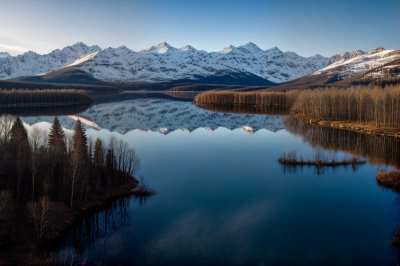 lake, mountains, reflection, trees, nature, winter, panorama, travel, forest, lakes, mountain landscape, clear water, outdoor, landscape, stars, day, exotic, water, cold, natural