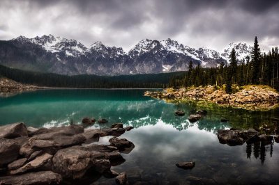 mountain, lake, forest, reflection, rock, tree, nature, panorama, peaceful, afternoon, water surface, mirroring, woodland, dawn, tower, peak, calm, north america, light reflection, beauty