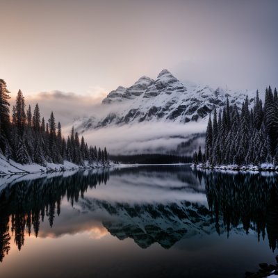mountains, lake, reflection, snow, nature, sunset, mist, forest, tree, dawn, pink, mirroring, conifers, rocky, chilly, water reflection, serenity, hiking, peace