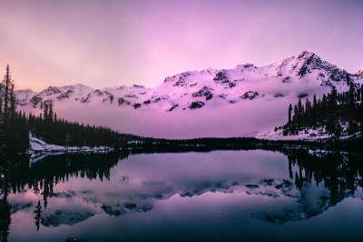 mountains, lake, reflection, snow, nature, sunset, mist, forest, tree, dawn, pink, mirroring, conifers, rocky, chilly, water reflection, serenity, hiking, peace