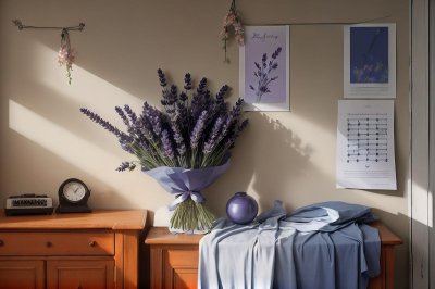 lavender, musical notes, bouquet, natural light, shadow, rustic, vintage, lace ribbon, handmade, home decor, greeting card, craft, dried lavender, sheet music, botanical, artistic composition, sunlight, elegant, floral, minimalism