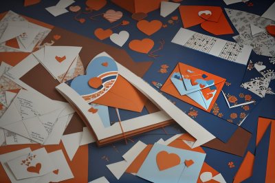 paper art, papercut, heart, love, envelope, music, musical notes, romance, emotion, memories, symbolism, still life, dramatic lighting, handmade, craft, creative, artistic, minimalism, card, valentine